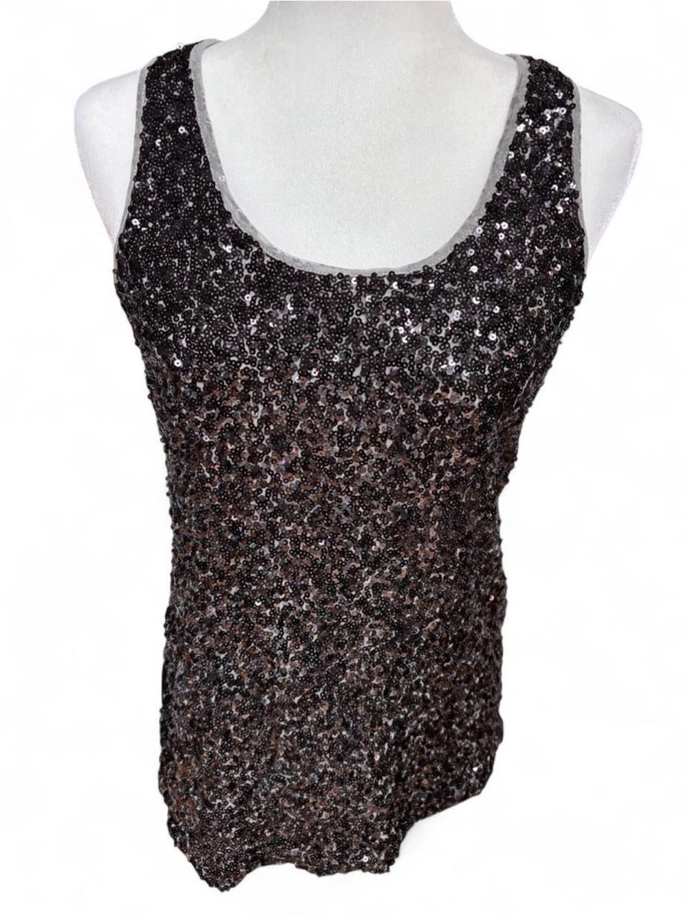 INC Black Sequin Sleeveless Scoop Neck Top with Beige Lining Womens Size Large